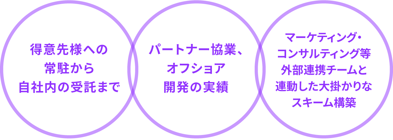 得意先様への常駐から自社内の受託まで／パートナー協業、オフショア開発の実績／マーケティング・コンサルティング等外部連携チームと連動した大掛かりなスキーム構築